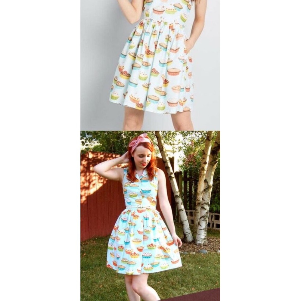 ModCloth Women Birthday Pie Shirt Dress Graphic Print Sleeveless Blue Size 4